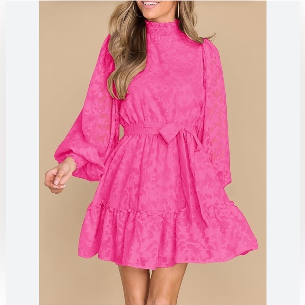 Hot Pink Ferlema WomensLong Puff Sleeve Smocked High Neck Dress SZ S